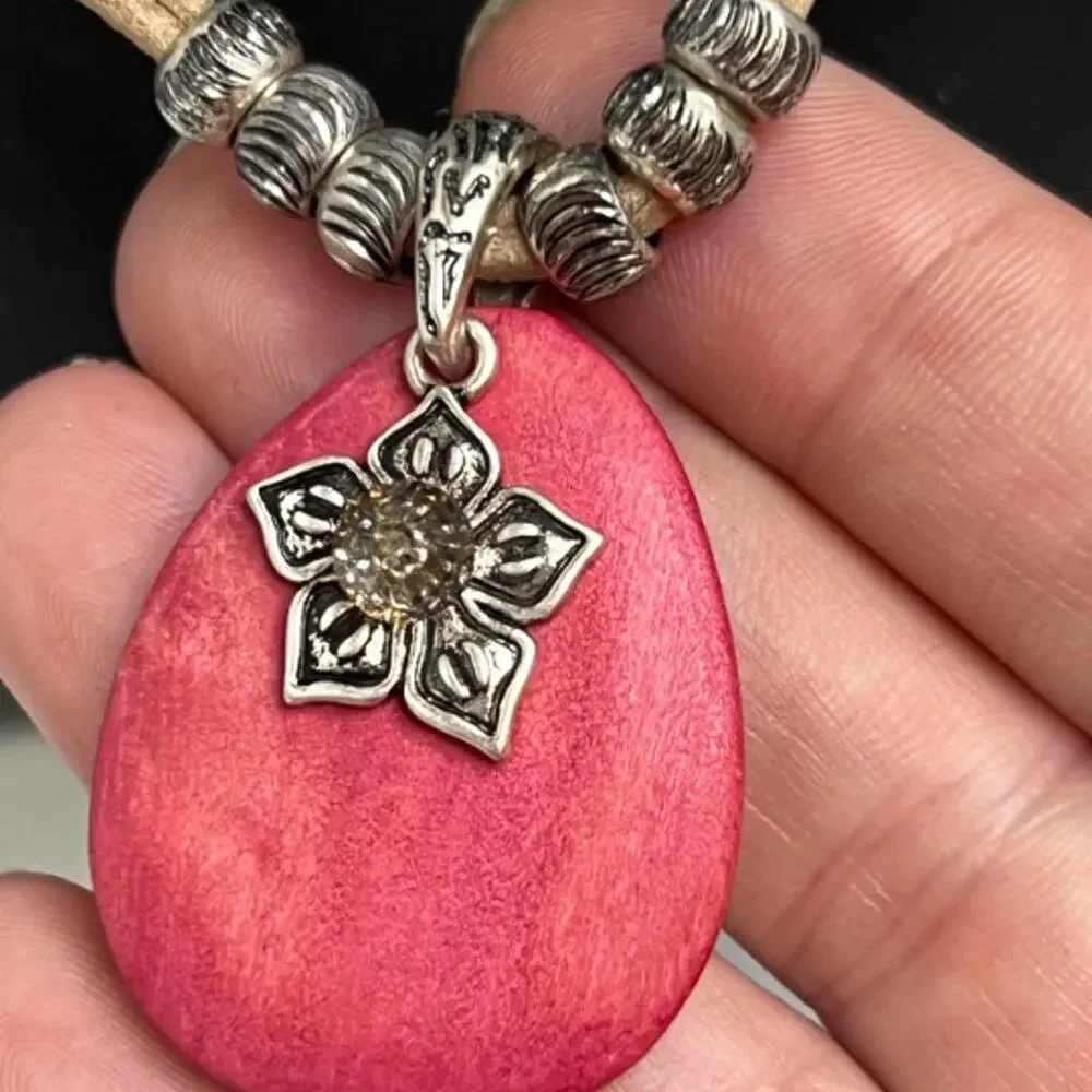 New York & Company Red Dyed Wood Pendant Leather Cord Necklace